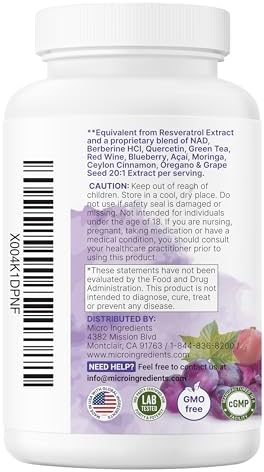 Micro Ingredients Complejo de Resveratrol y NAD de 3,000mg para Hombres y Mujeres, 240 Cápsulas Veganas | Suplemento Alternativo NMN | Mezcla 11 en 1 - imagen 7