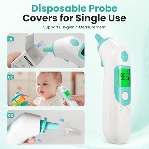Termómetro para Adultos y Niños, Termómetro de Oído para Bebés Preciso con Indicador de Fiebre de 3 Colores, Memoria de 40 Lecturas, Modo Silencioso - imagen 7