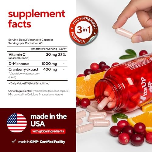 Suplemento VitaUp de D-Mannosa y Arándano para Mujeres – Hecho en EE. UU. – Cápsulas Veganas de Arándano, Vitamina C y D-Mannosa – 90 Cápsulas para - imagen 2