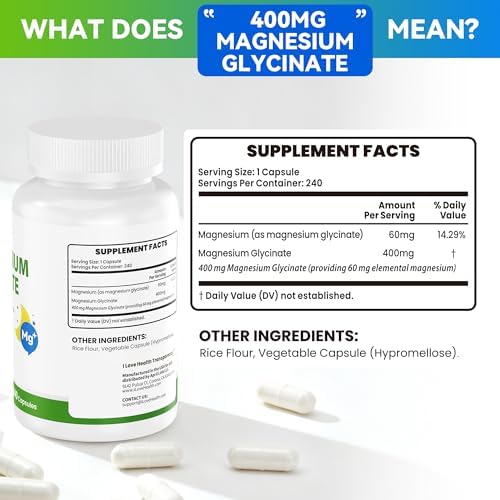 Glicinato de Magnesio 400mg por Cápsula – 240 Cápsulas – Suplemento de Magnesio de Alta Absorción para Relajación, Calma y Soporte Muscular – Suave - imagen 3