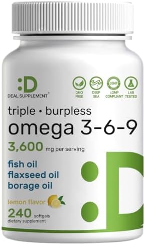 Suplementos de Aceite de Pescado Triple Omega 3-6-9 3,600mg – 240 Gelatinas Blandas con Aceite de Linaza y Complejo de Aceites de Borraja – Alto en - imagen 1