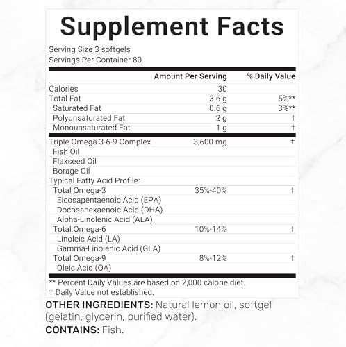 Suplementos de Aceite de Pescado Triple Omega 3-6-9 3,600mg – 240 Gelatinas Blandas con Aceite de Linaza y Complejo de Aceites de Borraja – Alto en - imagen 2
