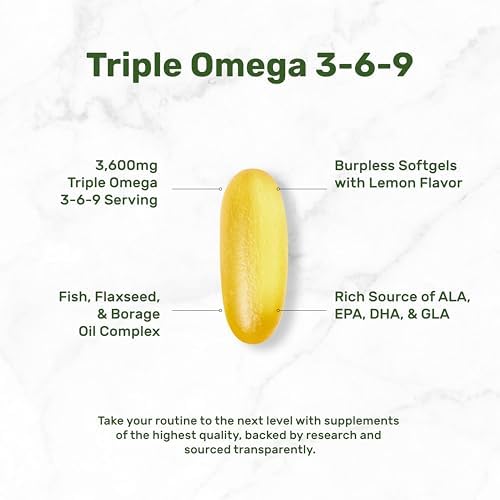 Suplementos de Aceite de Pescado Triple Omega 3-6-9 3,600mg – 240 Gelatinas Blandas con Aceite de Linaza y Complejo de Aceites de Borraja – Alto en - imagen 3