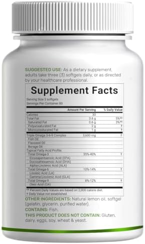 Suplementos de Aceite de Pescado Triple Omega 3-6-9 3,600mg – 240 Gelatinas Blandas con Aceite de Linaza y Complejo de Aceites de Borraja – Alto en - imagen 6