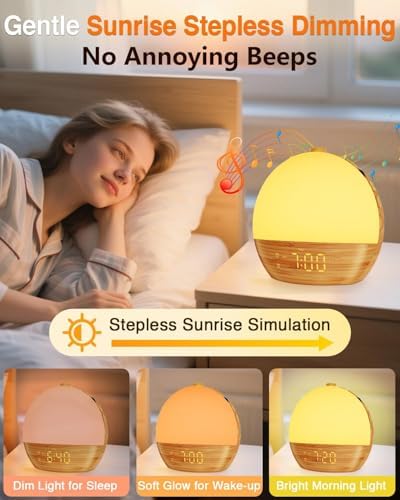 Despertador con Luz y Sonidos - Reloj Despertador Bluetooth de Grano de Madera, Doble Alarma Digital, Brillo Ajustable, 30 Sonidos para Dormir, Ruido - imagen 2