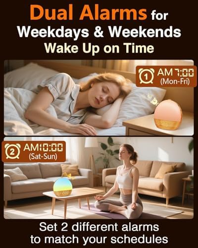 Despertador con Luz y Sonidos - Reloj Despertador Bluetooth de Grano de Madera, Doble Alarma Digital, Brillo Ajustable, 30 Sonidos para Dormir, Ruido - imagen 3