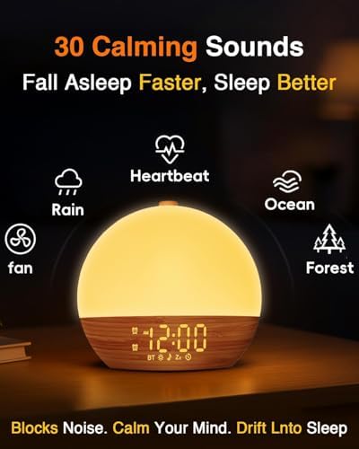 Despertador con Luz y Sonidos - Reloj Despertador Bluetooth de Grano de Madera, Doble Alarma Digital, Brillo Ajustable, 30 Sonidos para Dormir, Ruido - imagen 5