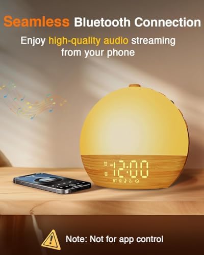 Despertador con Luz y Sonidos - Reloj Despertador Bluetooth de Grano de Madera, Doble Alarma Digital, Brillo Ajustable, 30 Sonidos para Dormir, Ruido - imagen 6