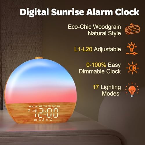 Despertador con Luz y Sonidos - Reloj Despertador Bluetooth de Grano de Madera, Doble Alarma Digital, Brillo Ajustable, 30 Sonidos para Dormir, Ruido - imagen 8