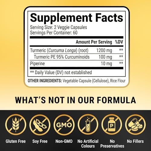 Suplemento de Cúrcuma Curcumina con Extracto de Pimienta Negra (Piperina) - 95% Curcuminoides para Soporte Articular y Saludable de Inflamación - - imagen 6
