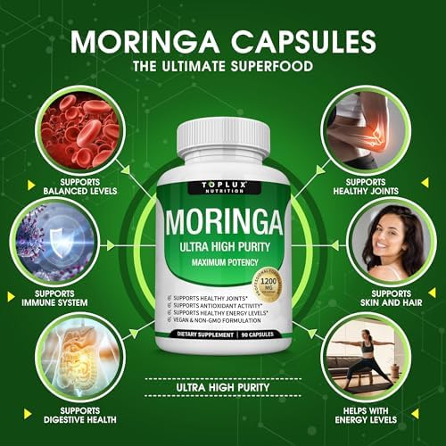 Cápsulas de Moringa Toplux 1200mg – Extracto de Hoja de Moringa en Polvo, Superalimento Verde Rico en Antioxidantes, 90 Cápsulas Veganas y No - imagen 2