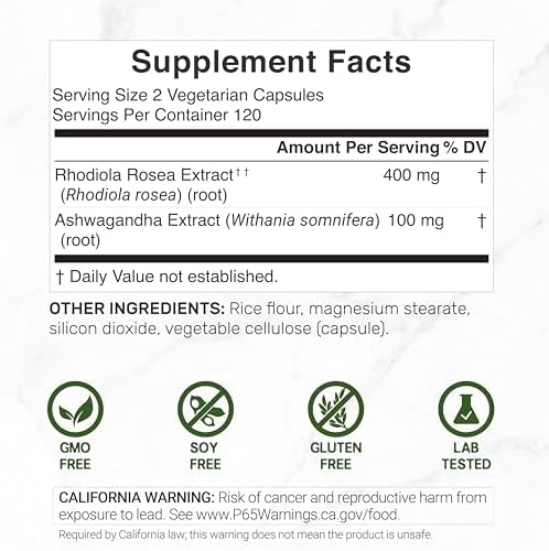 SUPLEMENTO DEAL Rhodiola Rosea con Ashwagandha, 240 Cápsulas Veganas – Mezcla de Rhodiola y Ashwagandha – Sin OGM - imagen 2