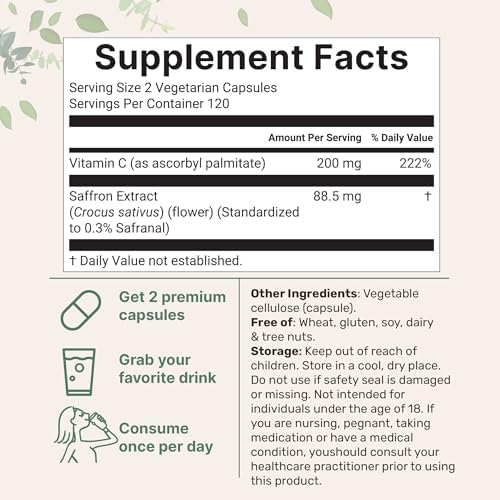 Extracto de Azafrán Puro Micro Ingredients, 240 Cápsulas Veganas | Fórmula 2 en 1 con Vitamina C Liposoluble | Apoyo para Ánimo, Visión y Corazón | - imagen 2