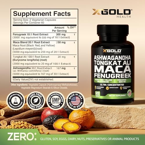 Suplemento Extracto de Ashwagandha 30:1 + Tongkat Ali 100:1 + Raíz de Maca 20:1 + Fenogreco 10:1 | Complejo Herbal Potente para Hombres y Mujeres | - imagen 2