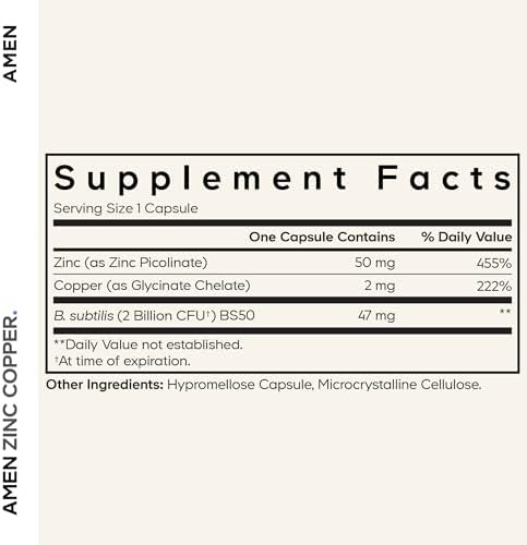 Suplemento de Zinc y Cobre Amen + Probióticos, Suministro para 3 Meses, 90 Cápsulas Veganas, 50 mg de Zinc Picolinato, 2 Mil Millones de CFUs - imagen 2