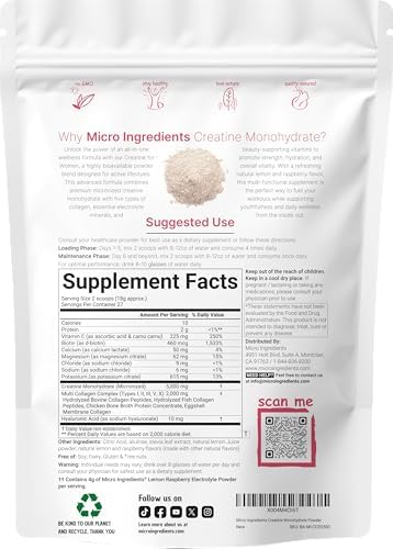 Micro Ingredients Creatina + Electrolitos + Colágeno Multi para Mujeres | 5,000mg de Creatina Monohidratada Micronizada | Mezcla Bebible de - imagen 6