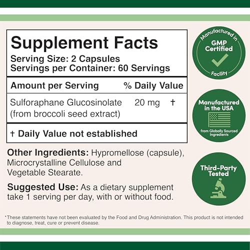 Suplemento de Sulforafano - 20mg por porción (120 cápsulas) Extracto potente de brócoli para un envejecimiento saludable (derivado de brotes de - imagen 2