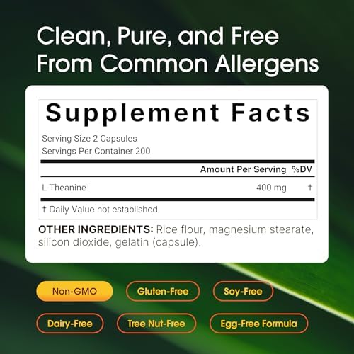 Suplemento de L-Teanina NatureBell - 400 Cápsulas - 400mg Potencia Máxima - Apoyo Aminoácido para Relajación, Calma y Concentración - Fórmula Libre - imagen 3
