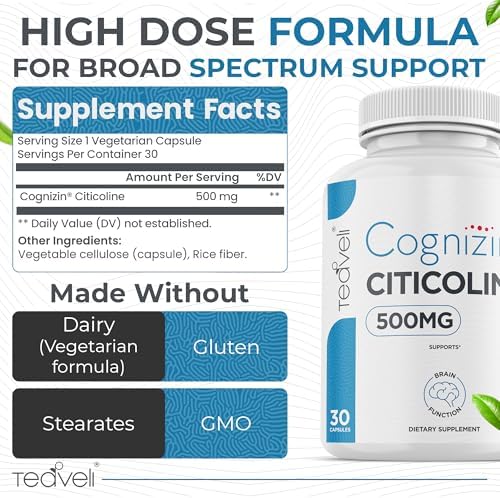 Cápsulas Teaveli Cognizin Citicolina 500mg - Suplemento cerebral clínicamente estudiado para claridad, concentración y memoria - 30 porciones - imagen 2