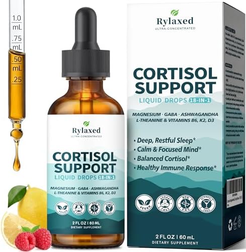 Suplementos de Cortisol para Mujeres y Hombres, Gotas 18 en 1 para Estrés y Ánimo con Magnesio 480mg, GABA, Ashwagandha, L-Teanina y - imagen 1