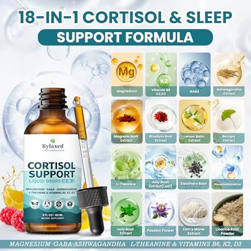 Suplementos de Cortisol para Mujeres y Hombres, Gotas 18 en 1 para Estrés y Ánimo con Magnesio 480mg, GABA, Ashwagandha, L-Teanina y - imagen 2