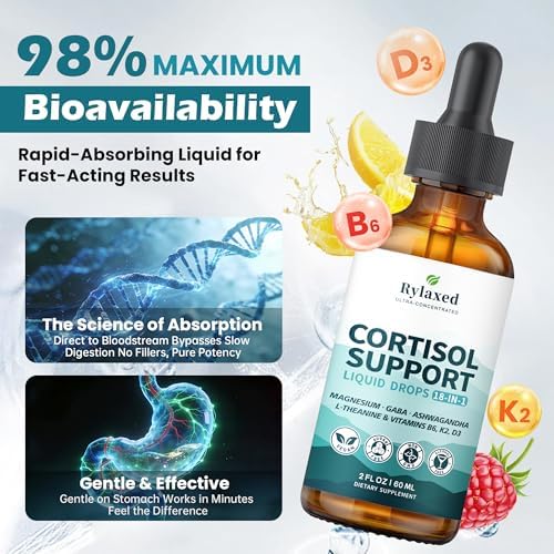 Suplementos de Cortisol para Mujeres y Hombres, Gotas 18 en 1 para Estrés y Ánimo con Magnesio 480mg, GABA, Ashwagandha, L-Teanina y - imagen 4