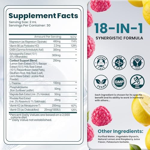 Suplementos de Cortisol para Mujeres y Hombres, Gotas 18 en 1 para Estrés y Ánimo con Magnesio 480mg, GABA, Ashwagandha, L-Teanina y - imagen 8