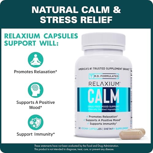 Relaxium Calm - Suplemento para Estrés, Ánimo e Inmunidad, No Adictivo con Ashwagandha, 5-HTP y GABA, Mezcla de Hongos. Hecho en EE. UU., 60 Cápsulas - imagen 2