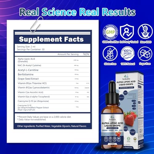 Ácido Lipoico 1000mg en Gotas Líquidas, Suplemento ALA Máxima Fuerza 11 en 1 con Acetil L-Carnitina, Benfotiamina y Vitaminas B1, B12, C y E para - imagen 7