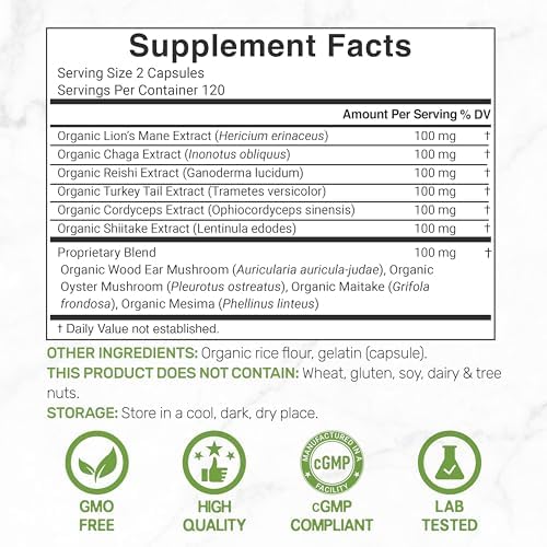 Suplemento Orgánico de Hongos 10 en 1, 240 Cápsulas – Melena de León, Cola de Pavo, Reishi, Cordyceps y Más – Apoyo Inmunológico, Energía y Cerebral - imagen 2