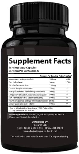 Aumento de Testosterona 180ct - Mejora de Energía y Fuerza - 2x1 Recomendado por Farmacéuticos - Research Labs - Saw Palmetto, Tribulus, Tongkat Ali, - imagen 7