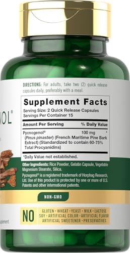 Carlyle Pycnogenol 100mg | 30 Cápsulas | Extracto de Corteza de Pino Marítimo Francés | Suplemento Sin OGM y Sin Gluten - imagen 2