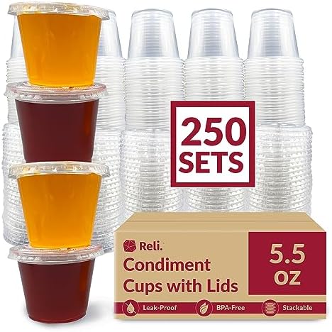 Contenedores pequeños Reli de 5.5 oz con tapa (250 sets) | Vasos para gelatina con tapa | Contenedores de plástico transparente para salsas - imagen 1