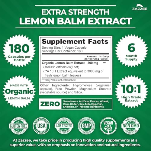 Zazzee Extracto Orgánico de Melisa 10:1, 180 Cápsulas Veganas, Suplemento Herbal para Calma, Ánimo y Relajación, Hecho en EE.UU. - imagen 2