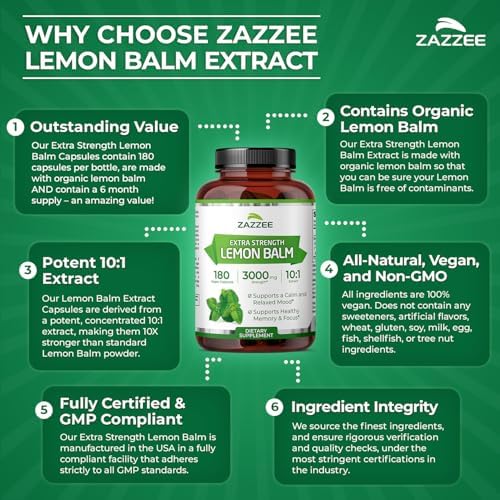 Zazzee Extracto Orgánico de Melisa 10:1, 180 Cápsulas Veganas, Suplemento Herbal para Calma, Ánimo y Relajación, Hecho en EE.UU. - imagen 5