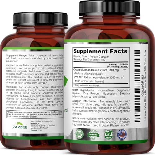 Zazzee Extracto Orgánico de Melisa 10:1, 180 Cápsulas Veganas, Suplemento Herbal para Calma, Ánimo y Relajación, Hecho en EE.UU. - imagen 8