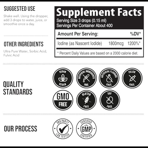 Suplemento de Yodo Nascent 400 Porciones, Botella de Vidrio, Vegano, 1800 mcg - 600 mcg por Gota - Puro, Color Claro - Apoya la Salud de la Tiroides, - imagen 7