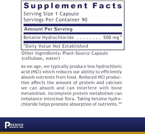 Premier Research Labs HCL - Suplemento de Betaína HCL para una Digestión Óptima y Absorción de Nutrientes - 90 Cápsulas Vegetarianas - imagen 2