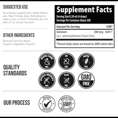 Selenio - 200 mcg, Forma de Selenometionina, 300 Porciones - Vegano, Botella de Vidrio, Sin Levadura - Concentrado Líquido Sublingual - Antioxidante, - imagen 6