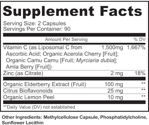Cápsulas de Vitamina C Liposomal con Zinc - Vitamina C Orgánica de Saúco, Amla y Camu Camu - Alta Absorción, Antienvejecimiento, Soporte - imagen 2
