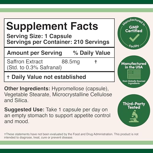 Suplemento de Azafrán para la Concentración - Cápsulas Veganas de Extracto de Azafrán 88.5mg (210 Contenido) - Apoya la Concentración y Visión, - imagen 2