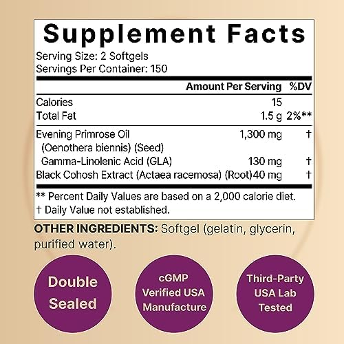 NatureBell Aceite de Onagra con Cohosh Negro, 1,300mg por Porción, 300 Mini-Cápsulas Blandas | Semillas Prensadas en Frío, 130mg de GLA para la Salud - imagen 2