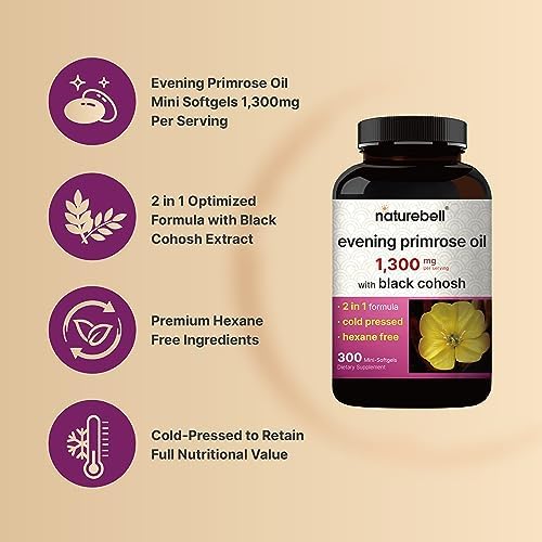 NatureBell Aceite de Onagra con Cohosh Negro, 1,300mg por Porción, 300 Mini-Cápsulas Blandas | Semillas Prensadas en Frío, 130mg de GLA para la Salud - imagen 3