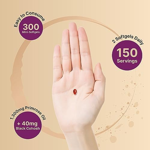 NatureBell Aceite de Onagra con Cohosh Negro, 1,300mg por Porción, 300 Mini-Cápsulas Blandas | Semillas Prensadas en Frío, 130mg de GLA para la Salud - imagen 4