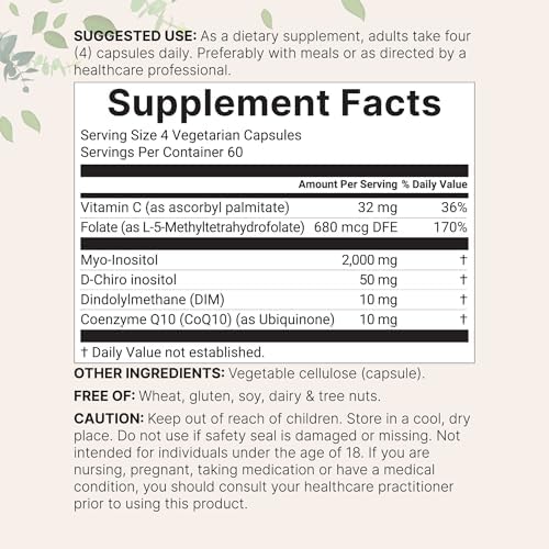 Myo-Inositol y D-Chiro Inositol 2,050mg | 240 Cápsulas Veganas + Vitamina C, Folato, DIM y CoQ10 | Suplemento de Inositol para Mujeres | 40:1 | - imagen 2