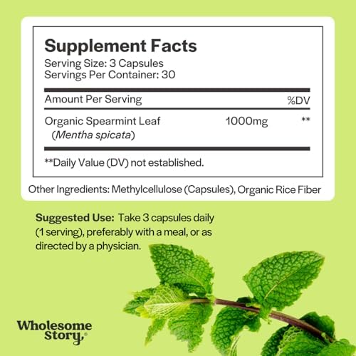 Suplemento de Cápsulas de Menta Orgánica Wholesome Story | 1000mg Hoja de Menta | 333.33mg por Cápsula | Apoya Hormonas, Digestión y Salud Intestinal - imagen 3
