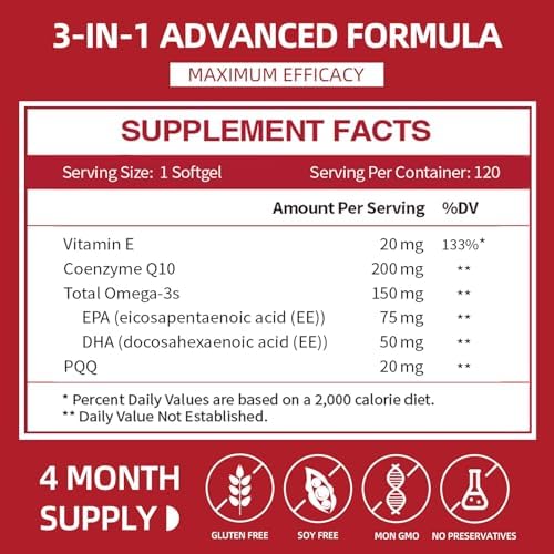 CoQ10 200mg Softgels con PQQ y Omega 3, Máxima Absorción de Coenzima Q10, Antioxidante Potente para la Salud del Corazón y Energía, 120 Cápsulas, - imagen 2