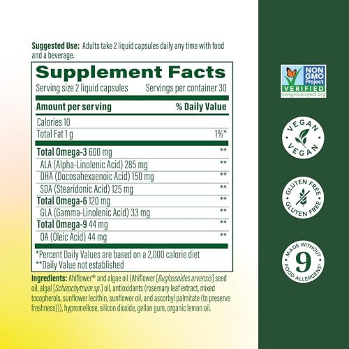 MegaFood Omega 3 6 9 Vegano - Suplemento Sin Eructos - 600 mg Omega 3 de Origen Vegetal y 150 mg DHA por Porción - Soporte para Corazón, Cerebro, - imagen 2