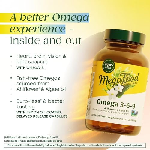 MegaFood Omega 3 6 9 Vegano - Suplemento Sin Eructos - 600 mg Omega 3 de Origen Vegetal y 150 mg DHA por Porción - Soporte para Corazón, Cerebro, - imagen 3