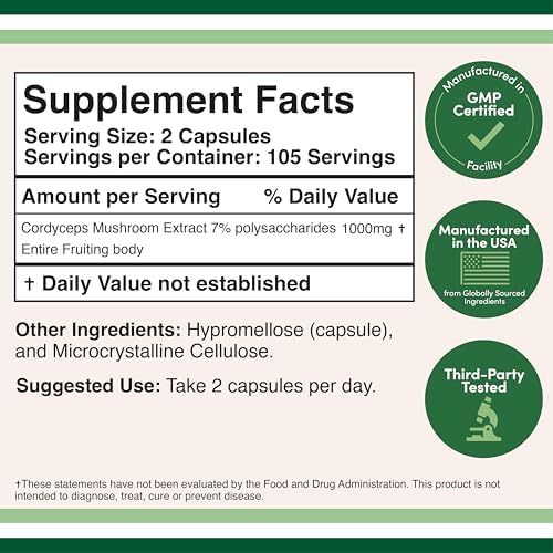 Cápsulas de Cordyceps (Extracto de Hongo Cordyceps Sinensis) 210 Contenidos, Suministro de 3.5 Meses, 1,000MG (7% Polisacáridos) Apoyo General y - imagen 2